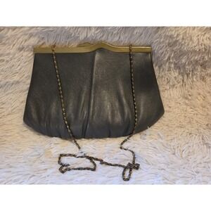 Ande, Vintage, Gray Leather Clutch/Shoulder, Gold Chain strap